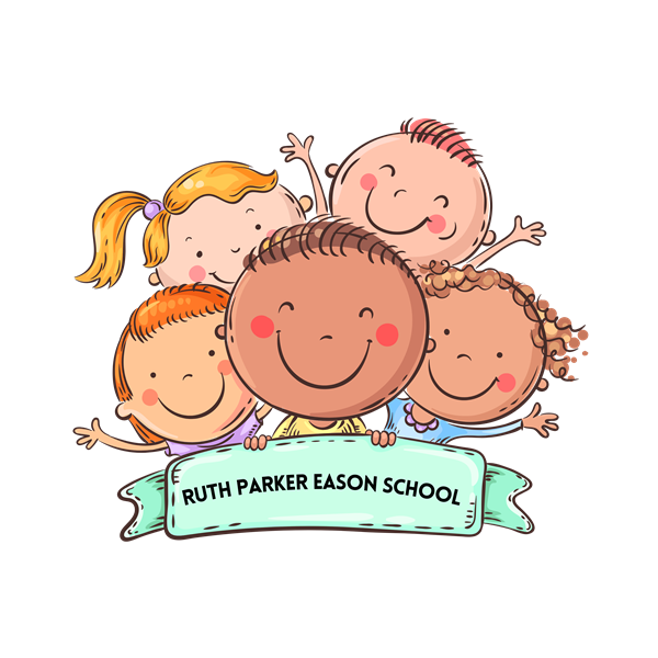 Group of smiling kids holding banner Ruth Parker Eason School